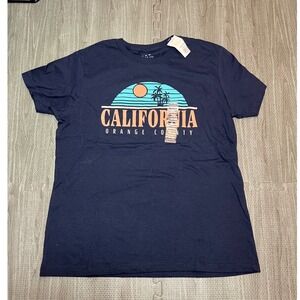 California Orange County Graphic T Shirt Navy Blue Palm Tree Sunset‎ Graphic M